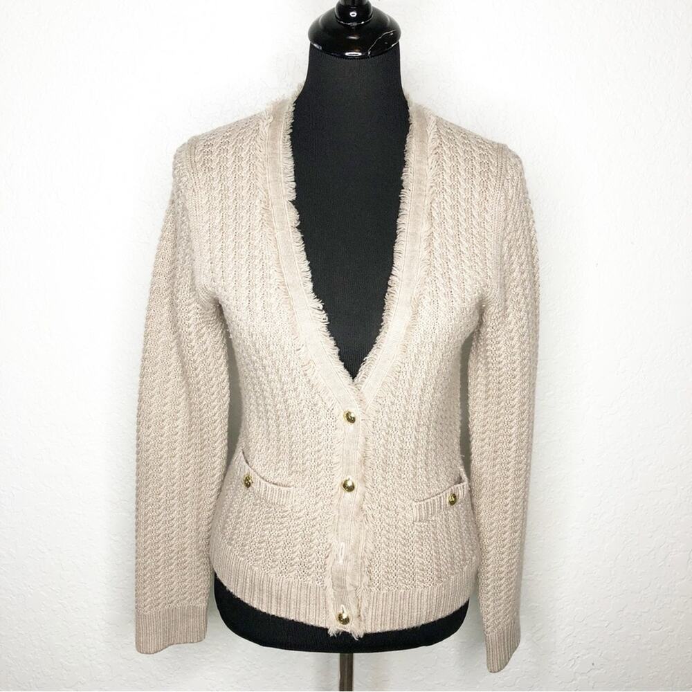 Draper James tan wool fringe trim button front cardigan size Medium
